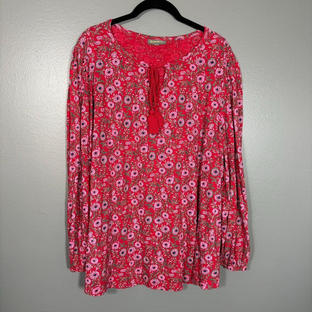 Style & Co Red Floral Boho Tassel Peasant Blouse - 3X - Women's Plus Size Top